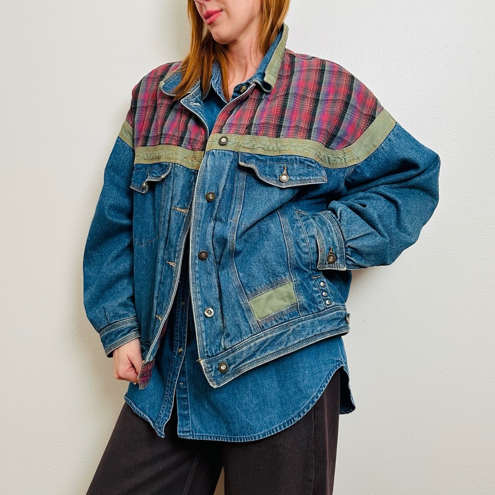 Vintage Mixed Blues Plaid Patchwork Denim Jacket Medium Grunge Boho Shacket